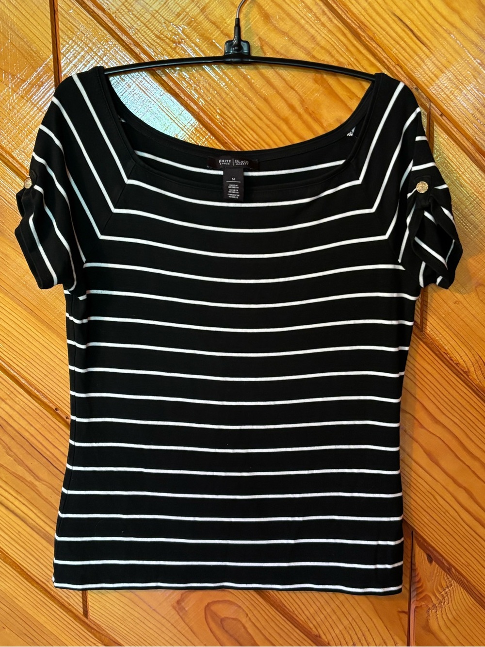 White House Black Market Black and White Striped Scoop Neck Top